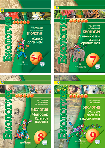 Обложки учебников проекта «Сферы 1-11». Биология с 5 по 9 классы.